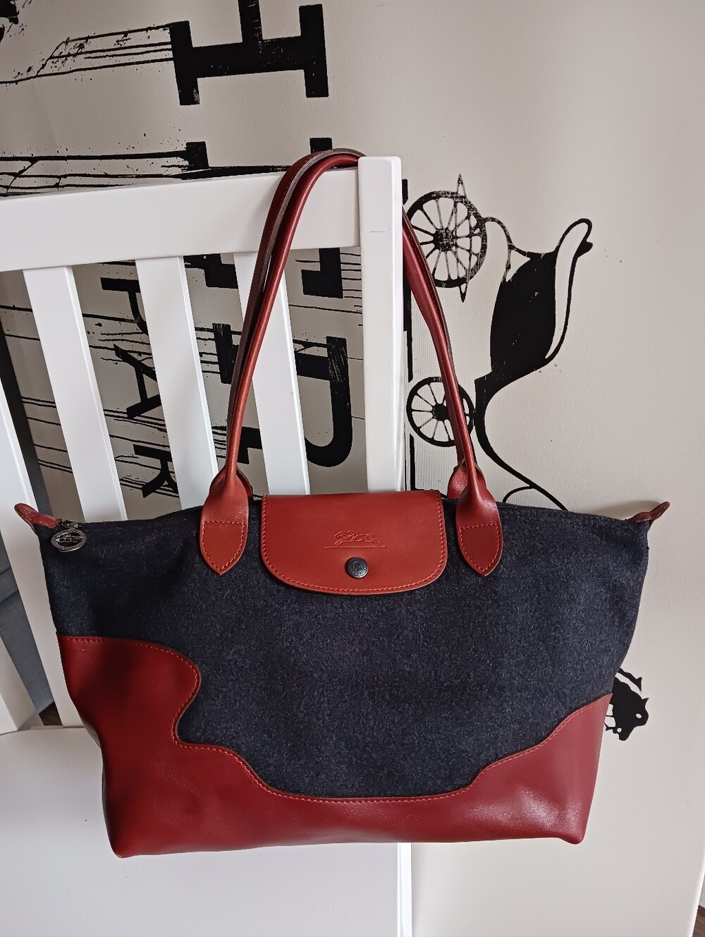 Longchamp Shoulder Bag, Brown Leather/ Gray Fleece